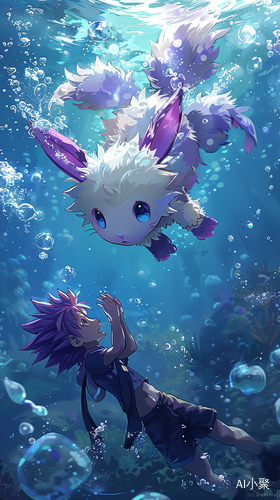 Floating Pokémon Rabbit with Anime Boy Underwater