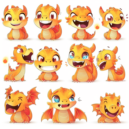 Dynamic expressions of a cute little dragon with bold comic line styles
