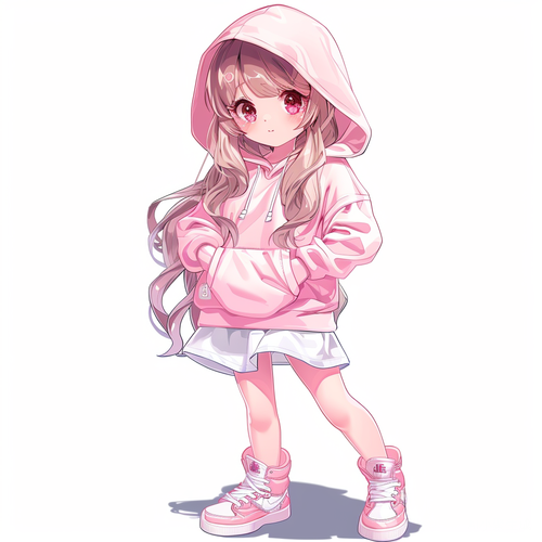 Cute Anime Girl in Pink Hoodie and White Skirt