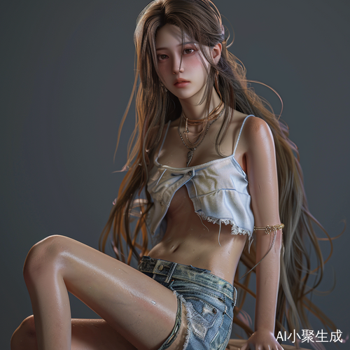 中国女孩，白色背心+牛仔短裤，高细节造型