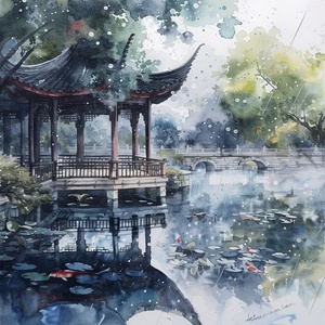 梦回江南：古风园林与水彩气泡的诗意旅🎨探索不一样的中国风情，一段水墨与水彩的美丽邂逅！🏮在这里，古典的亭台楼阁与梦幻的水彩气泡相遇，构筑出一幅幅如诗如画的江南美景。🌉每一帧，都是高清细节下的中国式园林美学，每一滴，都蕴含着梦幻色彩的水彩气泡。🌳从竹林深处的静谧氛围，到荷花池波光粼粼的清新夏日；从古风园林小径的诗意栖居，到锦鲤在水中游弋的动静结合；每一处，都是一次光影交错的美学体验。💫📚不仅如此，书院门前的古树、亭中观雨的幽静雅致，以及花园中的石桌石凳，都在绚烂的水彩气泡中展现出别样的文化气息和闲适午后。🚣‍♂让我们一起乘坐竹筏，漂浮在清澈湖面上，追寻那些被水彩气泡点缀的古风美景，体验一场梦回江南的诗意旅行。来，跟我一起，探幽寻静，发现古典与现代融合的独特韵味，感受这一场视觉与心灵的盛宴吧！🍃#ai绘画 #梦回江南 #古风园林 #水彩气泡 #中国风情 #诗意旅行 #江南美景 #文化气息#ai作画 #ai画画 #Ai绘画 #我和AI有画说 #Ai