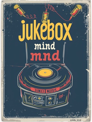 Simple music poster withSimple music poster with the text "JUKEBOX MIND", viny| record illustration, in the style of vintage poster design, groovy, letterism, 1960s, bold 3d letters, colorful cartoon, satirical tone v6.0ar 3:4s 750