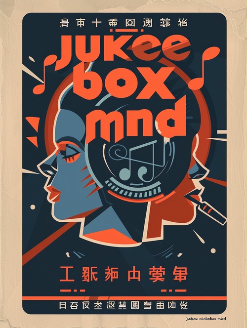 Simple music poster withSimple music poster with the text "JUKEBOX MIND", viny| record illustration, in the style of vintage poster design, groovy, letterism, 1960s, bold 3d letters, colorful cartoon, satirical tone v6.0ar 3:4s 750