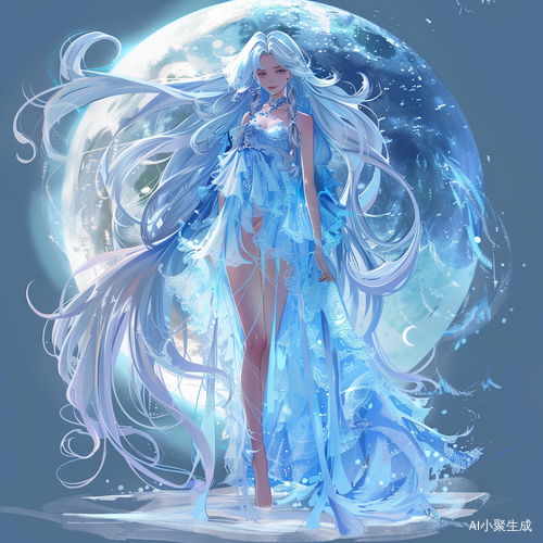 冰月元素：活泼的蓝色渐变长头发女生