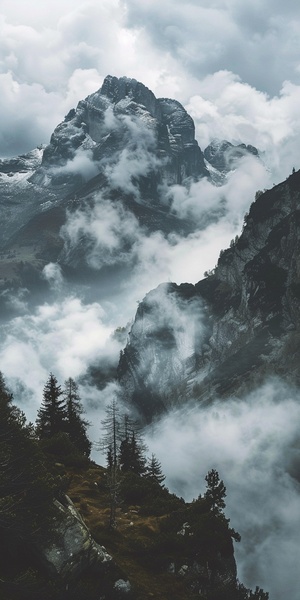 雨天，一家三口爬山，云雾缭绕