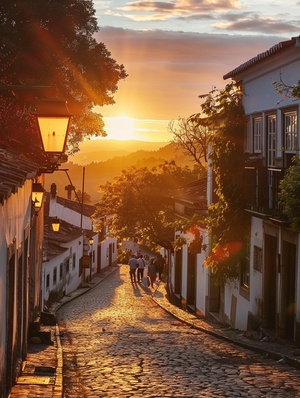 Scene: Ancient street: cobblestone road lined with quaint houses with low eaves, casting long shadows in the fading sunlight. Sunset: warm sunlight, golden rays filtering through clouds, bathing the street in a golden glow. Pedestrians: a few leisurely strollers, their elongated figures silhouetted against the sunset, adding to the languid mood. Trees: street trees shimmering with golden leaves in the sunset light, adding a touch of romance.Details: Streetlights: soft glow beginning to flicker, intertwining