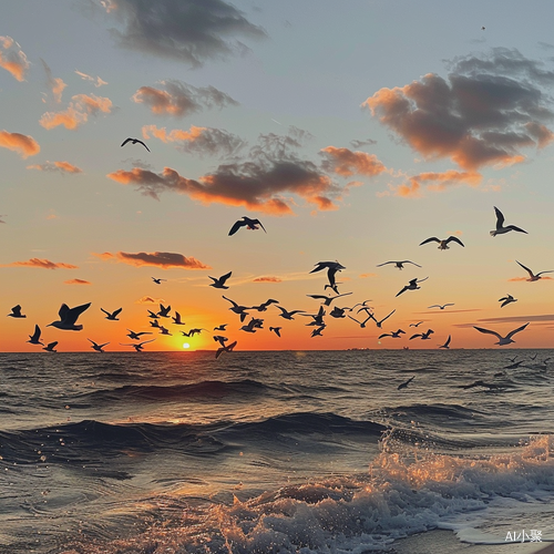 Flock of Seagulls Flying over Ocean at Sunset