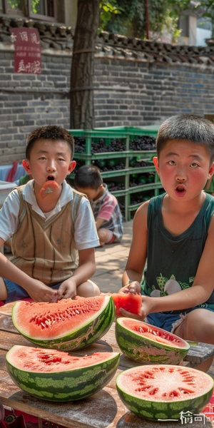 夏天，几个北京男女小孩，在四合院里吃西瓜，四合院子里有葡萄架，小桌子上放着切开的大西瓜，男孩穿背心短裤，女孩穿短裙，抱着西瓜啃，非常开心欢乐，相机拍摄写实照片风格，超高清画质。