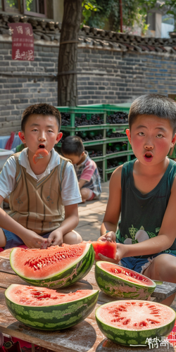 北京四合院夏日西瓜欢乐照片