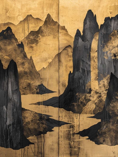 金墨绘江山a black and gold painting with mountains and a river, Mountains, waterfalls，minimalism, lots of white space，in the style of unique yoka iillustrations, multi-panel composition sprecisionist art, depictions of inclement weathe risolated landscapes s 750 sref#装饰画 #家居 #家居软装 #软装搭配 #AI画图 #AIGC #山水画 #midjourney