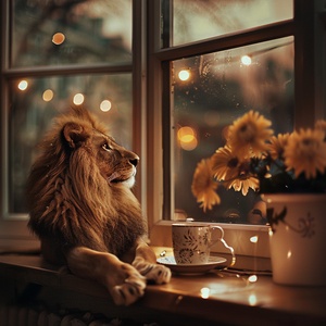 window,flower,no_humans,blurry,night,animal,lion,cup,blurry_background,lamp,indoors,depth_of_field,dog v 5.2