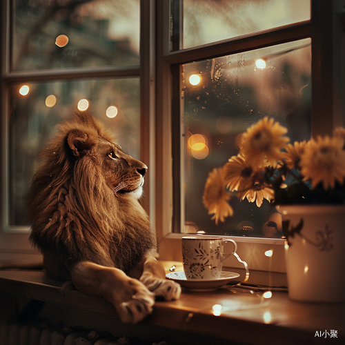 Blurry Night: Lion, Dog, and Flower in Window