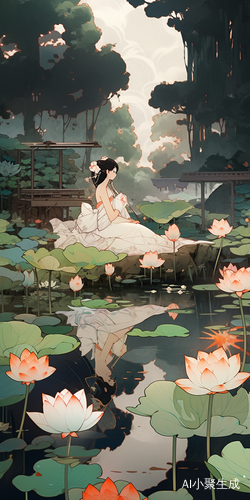 汉服女子在荷花池塘中吹奏长笛
