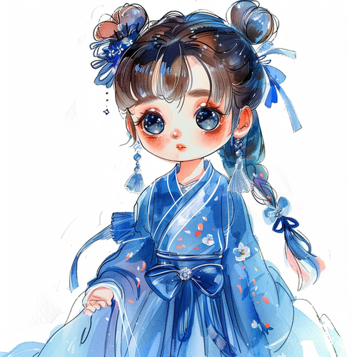 Little Girl: Classical and Exquisite Blue Hanfu with 9 Chibi Postures and Expressions