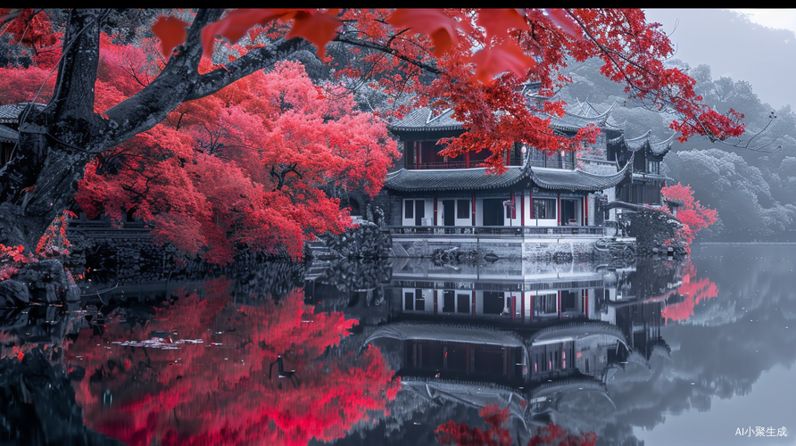 Charming Chinese Style Architecture with Colorful Maple Trees and Water Reflection