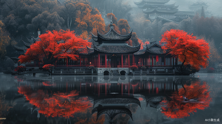 Charming Chinese Style Architecture with Colorful Maple Trees and Water Reflection