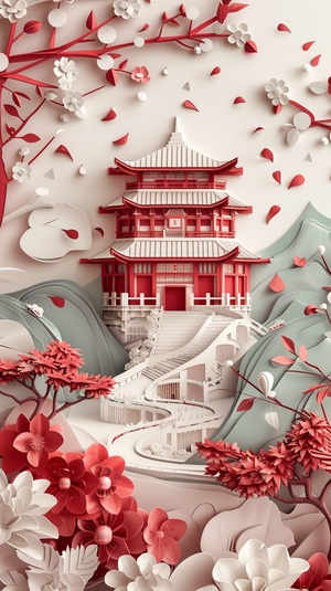 Traditional Chinese architecture, Oriental landscape painting, Multi - dimensional paper kirigami craft, paper illustration, Chinese illustration on white background, above super wide angle, dreamy, 4K, romantic, trending on Artstation, spring, 3d relief s 300 ar 3:4