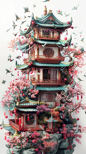 Traditional Chinese architecture, Oriental landscape painting, Multi - dimensional paper kirigami craft, paper illustration, Chinese illustration on white background, above super wide angle, dreamy, 4K, romantic, trending on Artstation, spring, 3d relief s 300 ar 3:4