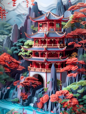 Traditional Chinese architecture, Oriental landscape painting, Multi - dimensional paper kirigami craft, paper illustration, Chinese illustration on white background, above super wide angle, dreamy, 4K, romantic, trending on Artstation, spring, 3d relief