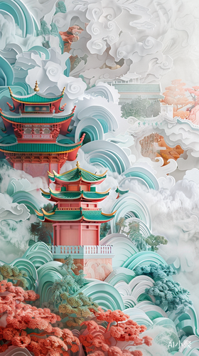 Traditional Chinese Architecture and Oriental Landscape Painting: A Dreamy and Romantic 4K Trending Artstation Masterpiece