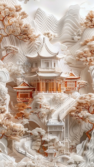 Traditional Chinese architecture, Oriental landscape painting, Multi - dimensional paper kirigami craft, paper illustration, Chinese illustration on white background, above super wide angle, dreamy, 4K, romantic, trending on Artstation, spring, 3d relief s 300 ar 3:4