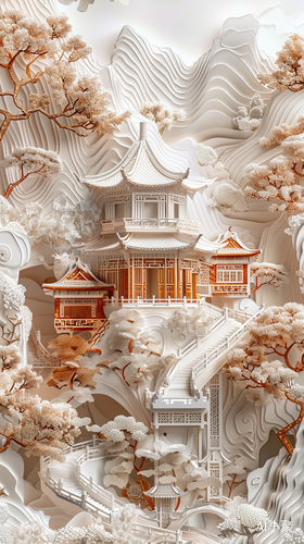 Traditional Chinese Architecture and Oriental Landscape Painting: A Dreamy and Romantic 4K Trending Artstation Masterpiece