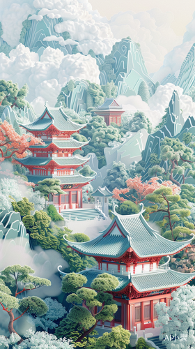 Traditional Chinese Architecture and Oriental Landscape Painting: A Dreamy and Romantic 4K Trending Artstation Masterpiece