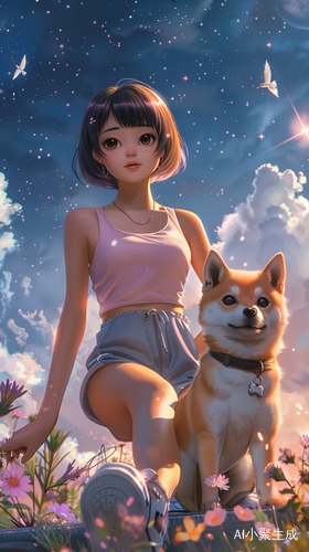 温馨星空银河，害羞女孩与柴犬在房顶上