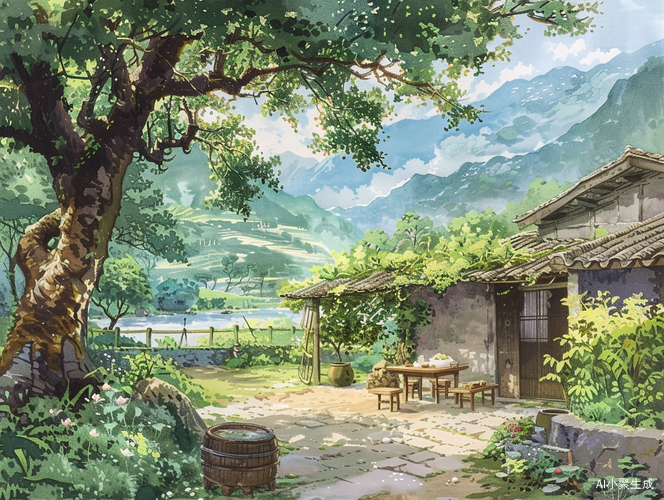 青山绿水中的古朴农家小院