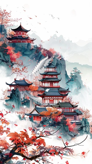 描述词：Traditional Chinese architecture, Oriental landscape painting, Multi - dimensional paper kirigami craft, paper illustration, Chinese illustration on white background, above super wide angle, dreamy, 4K, romantic, trending on Artstation, spring, 3d relief s 300 ar 3:4