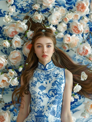 A beautiful girl with long flowing hair and a Chinese design dress with blue and white porcelain patterns stood in front of a figure sculpture art background, covered with flowers in the air. She has delicate facial features and exquisite makeup, blue eyes, high-resolution photos capture her true and delicate facial features, perfectly composed in ultra-high definition, presenting a full-body portrait with very detailed facial features.