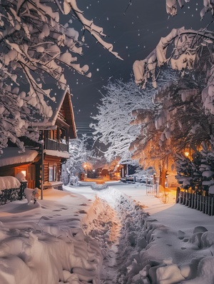 冬天夜晚雪景，村庄被大雪覆盖，史诗般的景色，平房和树木被厚厚的积雪覆盖，璀璨夺目的天空，雪在橙黄色路灯的照耀下舞蹈，透视超现实，超广角，摄影明亮柔和，意境优美，精细，超精细细节，超高清画质，超精致