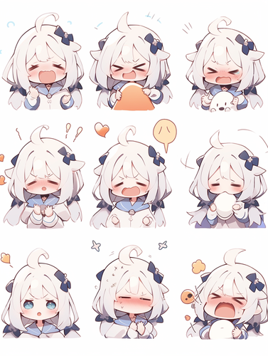 Q版小女孩白发全身图，9种姿势和表情带表达爱意