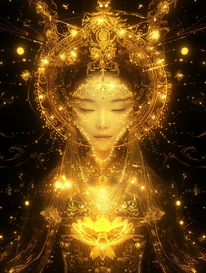 Fiber optic light painting,chinese Guanyin,Serene Expression, The lotus center and the glowing golden light surrounds behind her, fantasy art style,holographic, pure black background, symmetrical composition, golden ornaments, Minimal linesar 3:4