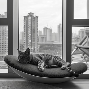 A black and white photo of an elegant cat lying on the surface of an oval-shaped, sleek, modern grey soft mat with raised stands for playing and resting in front of large windows overlooking a city street in the style of [Zaha Hadid](goo.glsearch?artist%20Zaha%20Hadid). The mat is made from eco-friendly, sustainable materials such as wood or natural fibers like cotton or bamboo. It has rough textures that provide great massaging effects to keep your pet comfortable while they rest. There should be no text o