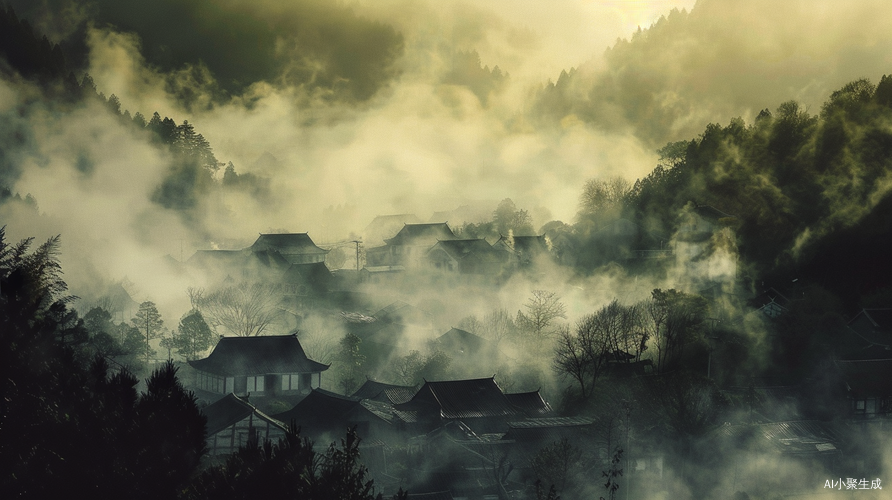 晨曦农舍，炊烟缭绕的寂静山村高清摄影