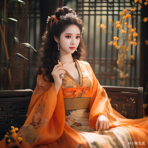 精致少女式唐装汉服婚纱，宽袖摆动，渐变橘黄色