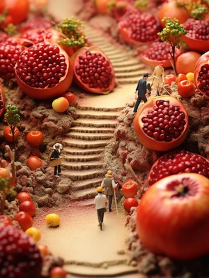 Tatsuya Tanaka, Miniature food photography, Scene photography, close-up, Little people walking in the Pomegranate Kingdom, diagonal composition, dreamlike texture, advanced photography style, warm tones, natural, Surrealist style, high quality, Fujifilm ar 3:4