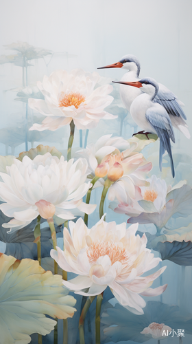 Birds in a Lotus: A Romantic Illustration of White and Gray