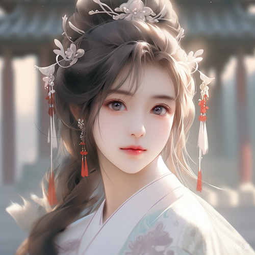 古风美女，浅白色汉服，姣好五官