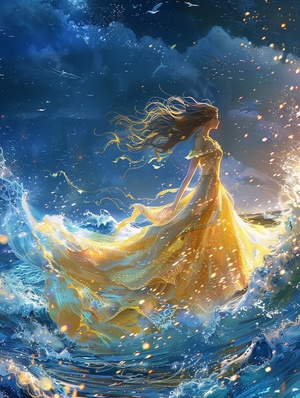 Hand-painted, illustrated, a girl, delicate features, wearing a gold evening gown, walking barefoot on the sea, dynamic movements, starlight, night sky, realistic picture quality, HD 8k翻译：手绘，插画，一个女孩，精致的五官，穿着金色的晚礼服，光脚走在海面上，动态动作，星光闪耀，巨浪滔天，夜空，逼真的画质，高清8k#ai #Ai绘画 #ai关键词 #midjourney关键词 #AI绘画有点东西 #绘画 #浪漫 #女孩 #海 #创意 #艺术 #素材 #设计师