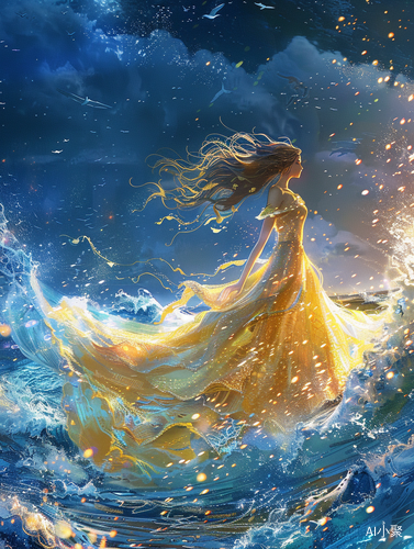 Hand-painted Illustration: A Delicate Girl in a Golden Evening Gown Walking Barefoot on the Starlit Sea