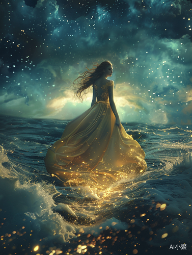 Hand-painted Illustration: A Delicate Girl in a Golden Evening Gown Walking Barefoot on the Starlit Sea