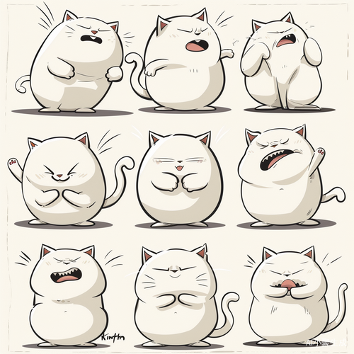 Nine Poses and Expressions Happy Angled Sad Cracking Cut Expected Disappointed Overspeechness Shy Aso Cute Cat Super Obesity Full Body White Background Multiple Poses and Expressions Keith Harlem's Graffiti Style Sharp Illustrations Bold Lines and Solid Colors Simple Details Minimalism Line Art Sticker Art Simple Lines