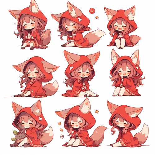 A qirl wearing red suspenders,two fox ears, classical and exquisite, full body picture, 9 postures and expressions, greeting, thanking. sleeping, leaving, hugging, cute, sad, laughing, disappointed and shy, drowsy, eating, dizziness, expressing love. Line art, sticker art, whitebackground, expressions and movements niji 5s 1000 ar 3:4