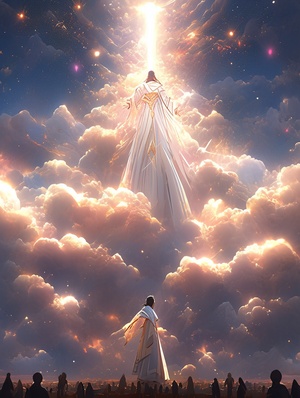 a drawing of a woman standing in the sky in front of a bunch of cloud, in the style of vincent callebaut, western zhou dynasty, god rays, mysterious backdrops, fairy academia, the stars art group (xing xing), passage