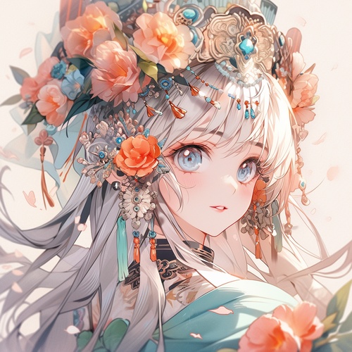 traditional chinese art girl wears headband with flowers, in the style ofeye-catching resin jewelry, elaborate costumes sana takeda, light orange and light blue, 32k uhd, ucy glendinning, fairycore v 6s 200 ar 1:1c 2 q 1