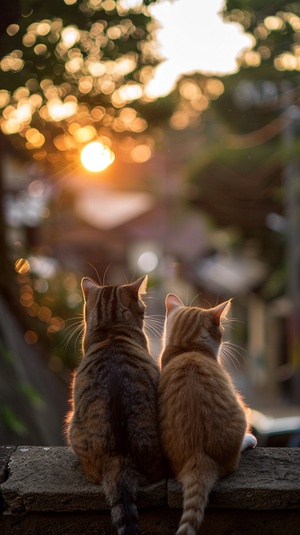 The back of two kittens sitting looking at the sunset in Kyoto, Japan, is a cat putting its hand on the shoulder of the other cat,