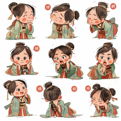 Multiple poses and expressions of a cute little girl in Hanfu with obesity and KeithHarlem's graffiti style illustrations