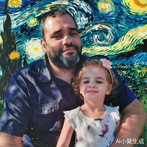 父女在梵高星夜背景下
